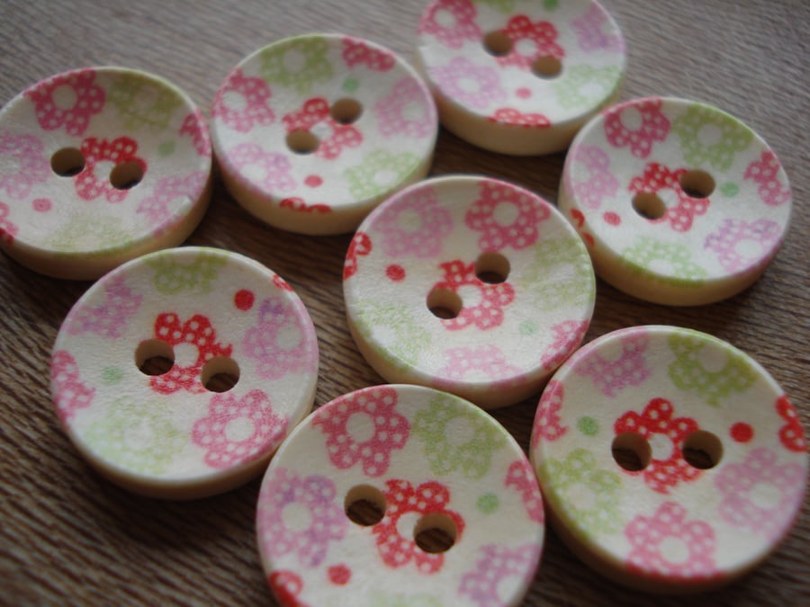 8 Floral Buttons - Wooden Buttons - Craft Buttons