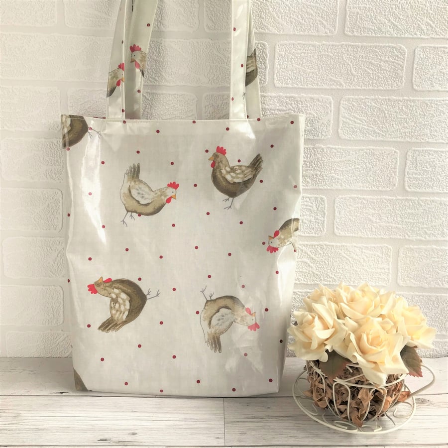 Chickens tote bag in cream oilcloth with chickens and red polka dots pattern
