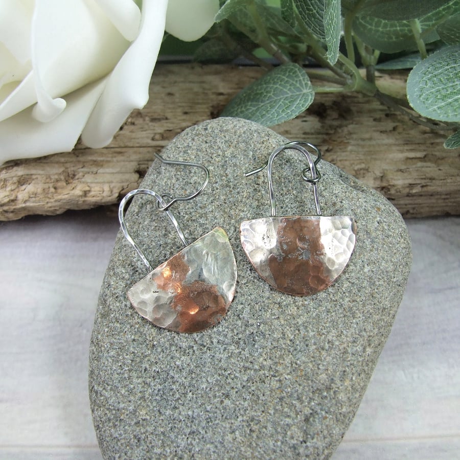 Earrings, Sterling Silver and Copper Hammered Finished Half Circle Droppers
