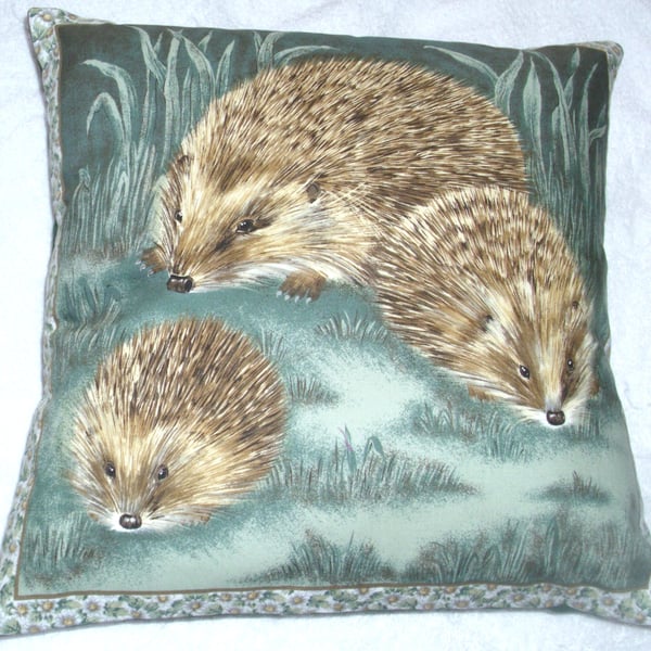 A Hedgehog and her two youngsters in a moonlit garden cushion