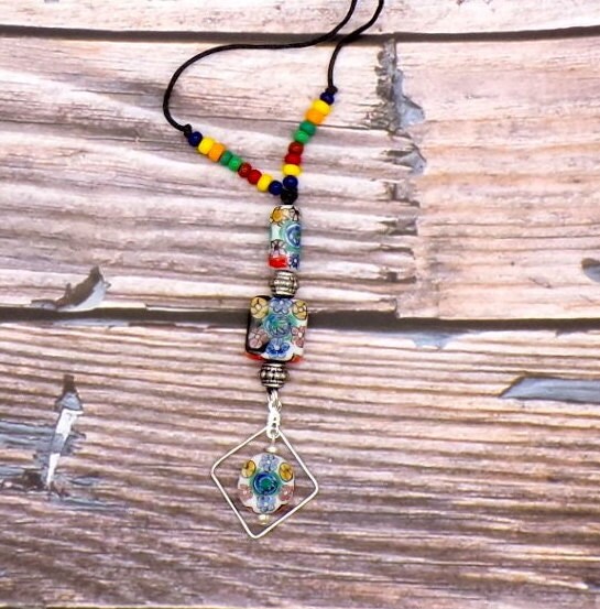 Handmade Floral Glass Bead Pendant Necklace, Boho Hippie Style