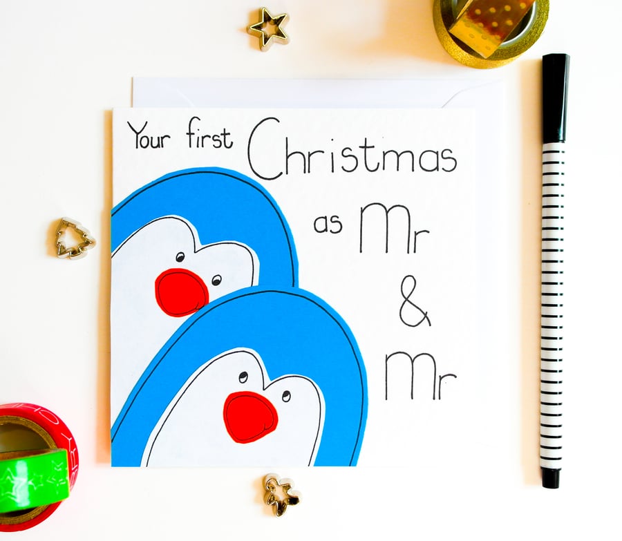 Your First Christmas As Mr And Mr Xmas Card, Newly Married Gay Penguins Card