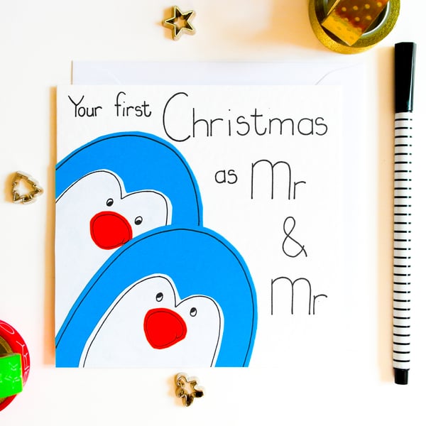 Your First Christmas As Mr And Mr Xmas Card, Newly Married Gay Penguins Card
