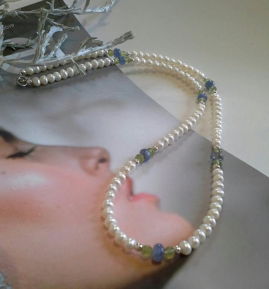 Tanzanite, Peridot & Top Grade Freshwater Pearl Sterling Silver Necklace