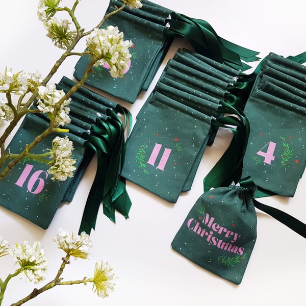 Evergreen and Pirouette Pink handmade 'Merry Christmas' gift pouch