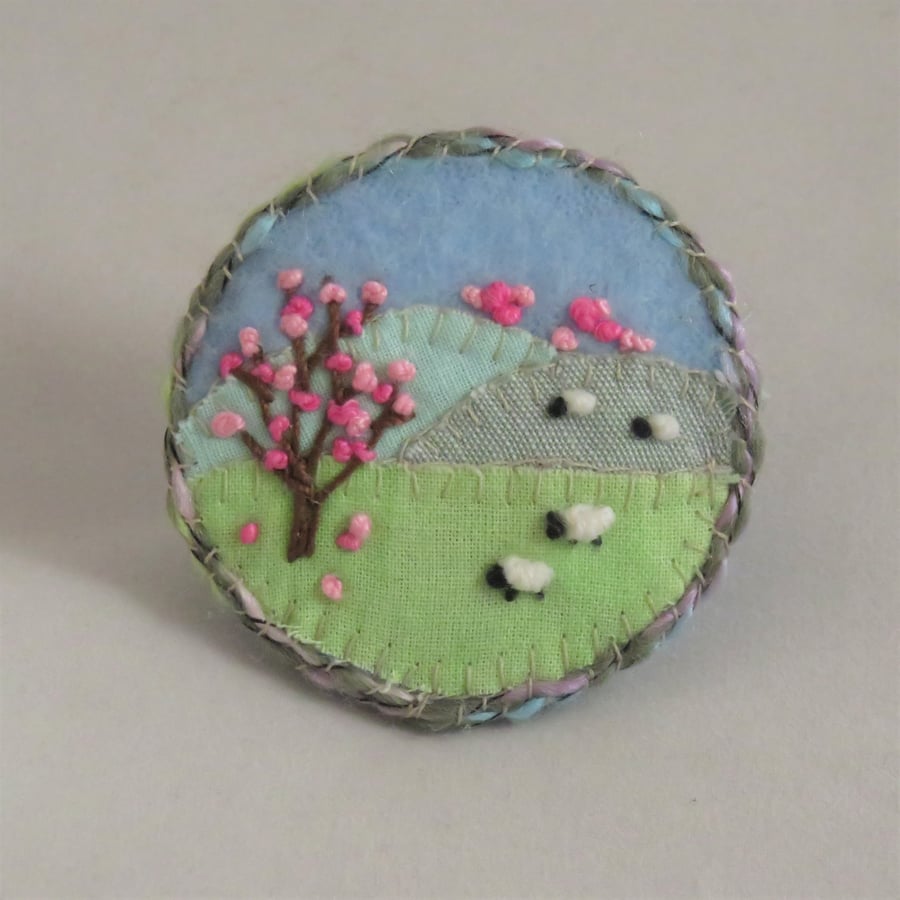  Brooch - Blossom and Sheep, appliqued and embroidered