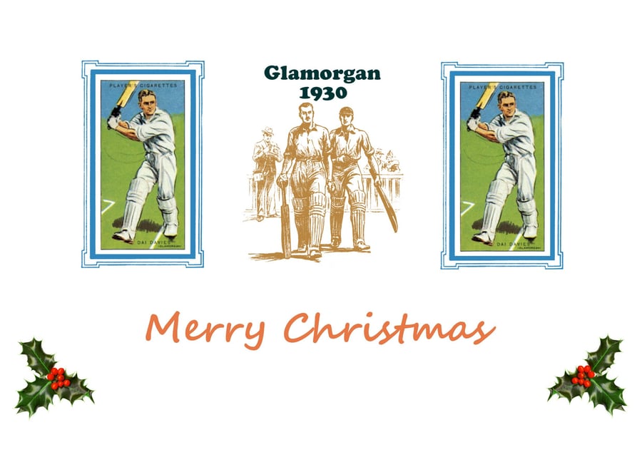Christmas card cricket vintage 1930 design. Glamorgan, Dai Davies.  FREE UK P&P