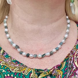 Baroque pearl and blue apatite gemstone necklace - BPGBN01