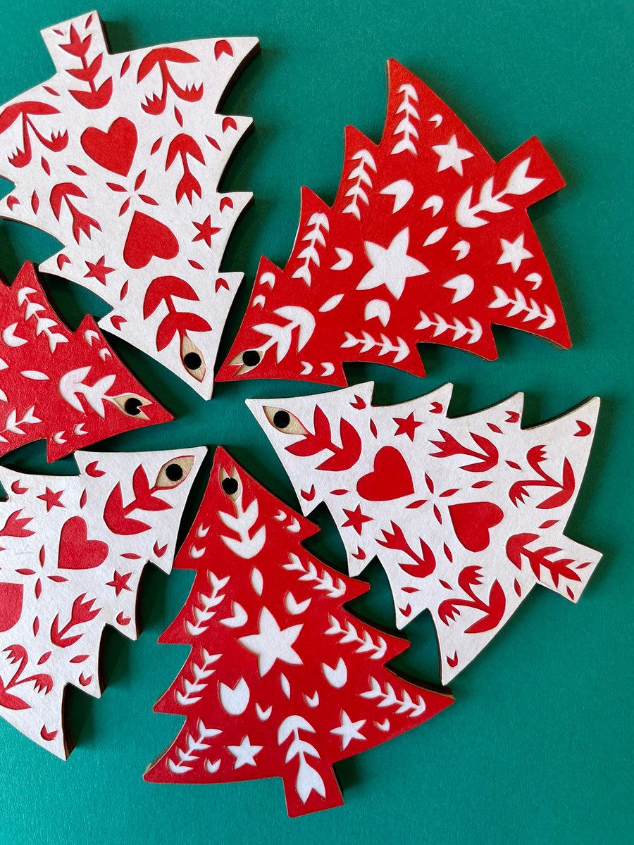 Scandi-style red and white Christmas tree decorations