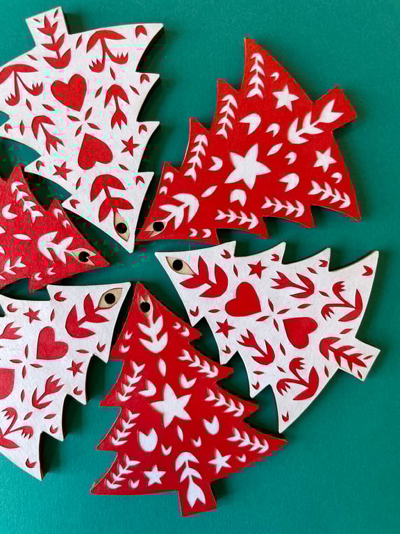 Scandi-style red and white Christmas tree decorations