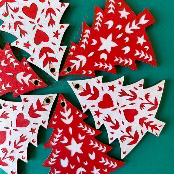 Scandi-style red and white Christmas tree decorations