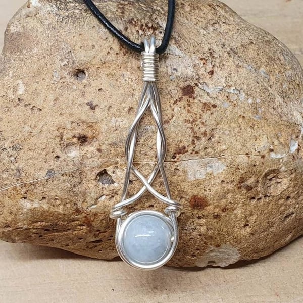 Celtic knot Aquamarine pendant. Wire wrapped neckace. March Birthstone.