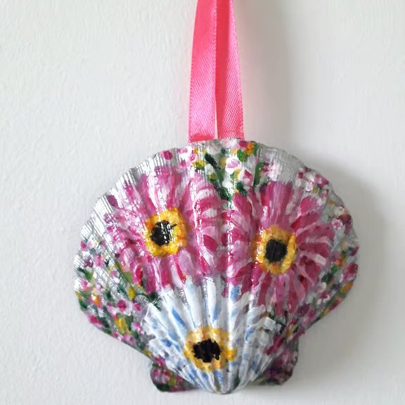Pink and white daisies handpainted shell wall art