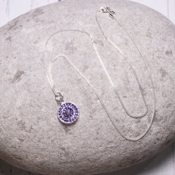 Sterling Silver Beaded Disc Pendant: Silver and Purple Seed Beads