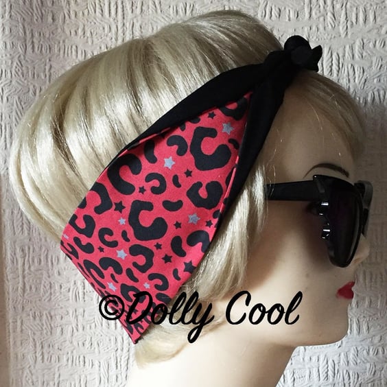 Red Leopard Print Star Hair Tie - Head Scarf - Hair Wrap - Bandana - by Dolly Co