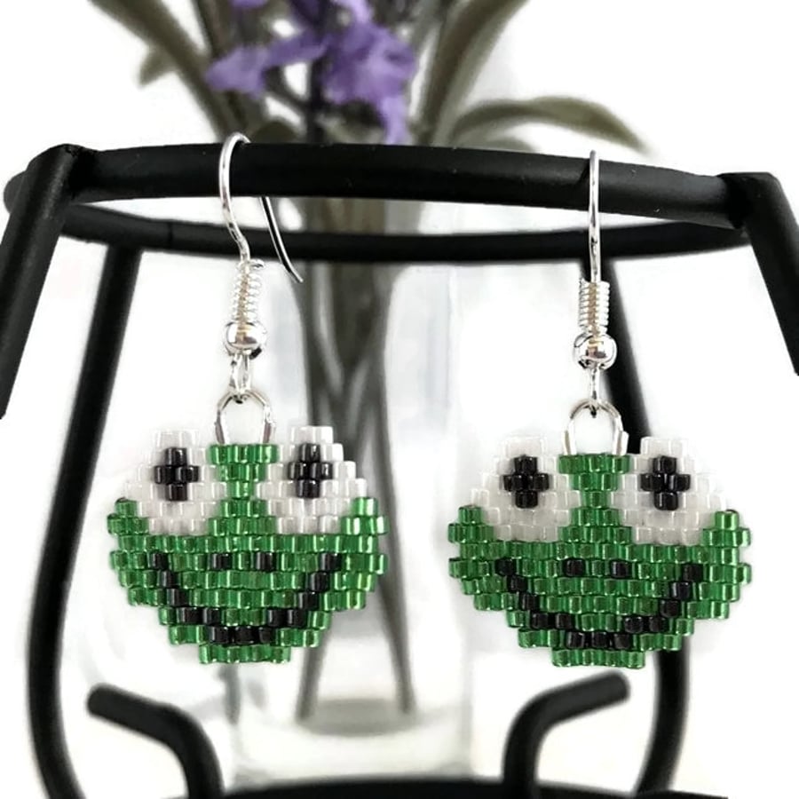 Silver Plated Beaded Sparkly Green Frog Earrings