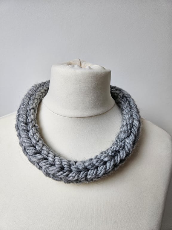 Women's Grey Chunky Hand-Knitted Statement Soft Stretch Textile Yarn Necklace