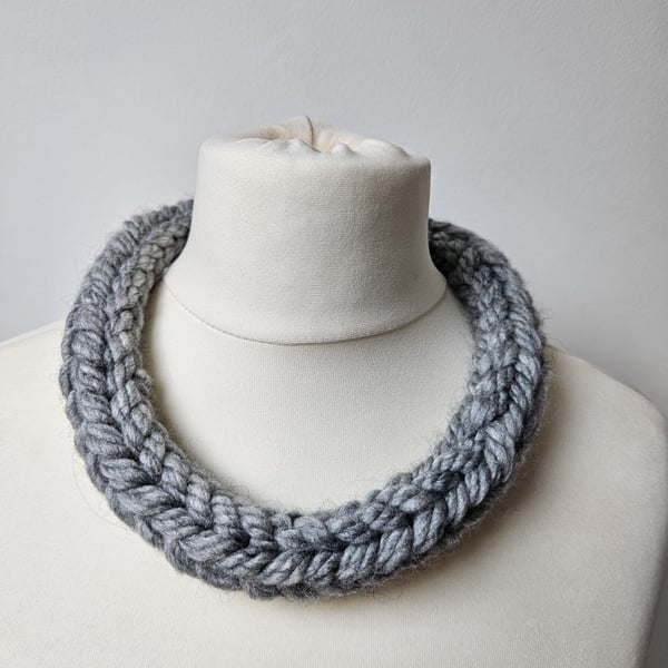 Women's Grey Chunky Hand-Knitted Statement Soft Stretch Textile Yarn Necklace