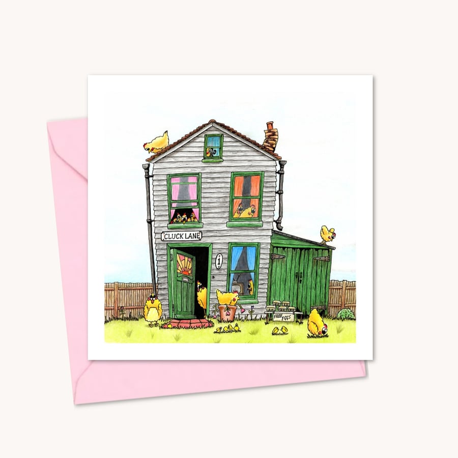 Whimsical Chicken Coop Greeting Card: Hen House Pencil Illustration (225)