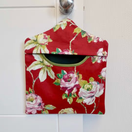 Peg bag in red floral cotton fabric clothes pins bag green trim