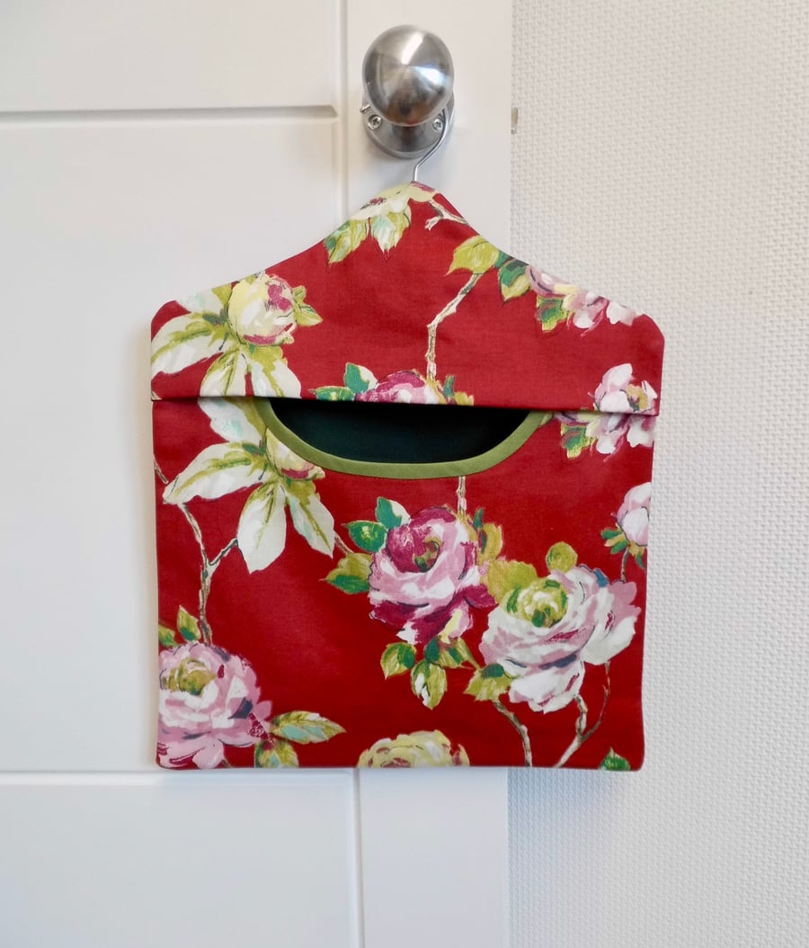 Peg bag in red floral cotton fabric clothes pins bag green trim