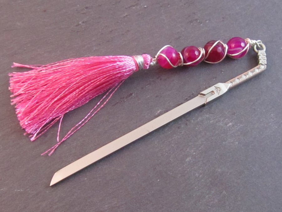 Pink Sword Bookmark, Pink Agate Wire Wrapped Bookmark