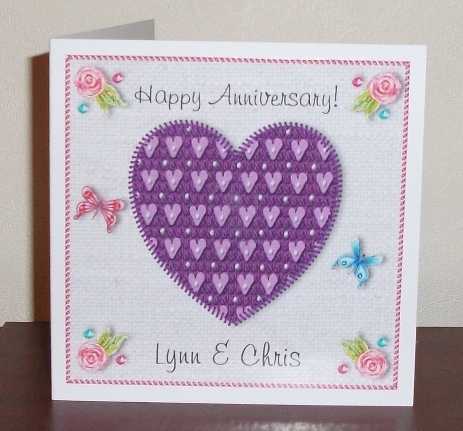 Anniversary card, Purple heart on digital linen background, tapestry style