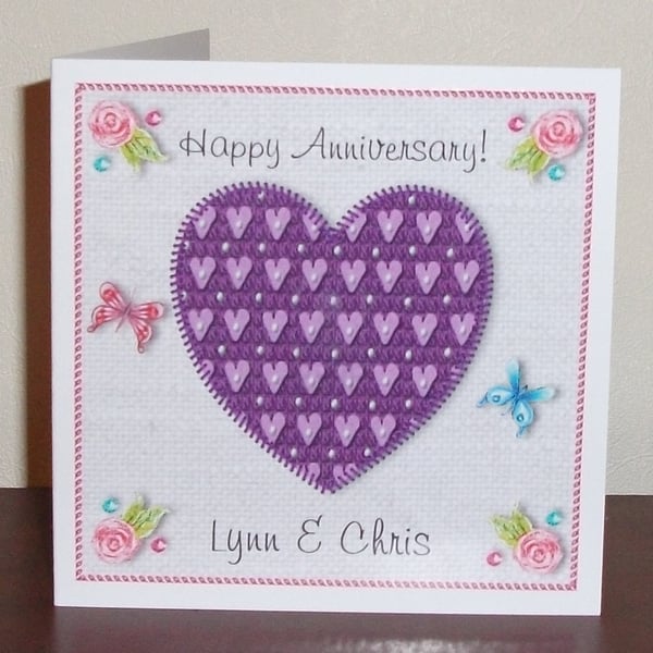 Anniversary card, Purple heart on digital linen background, tapestry style