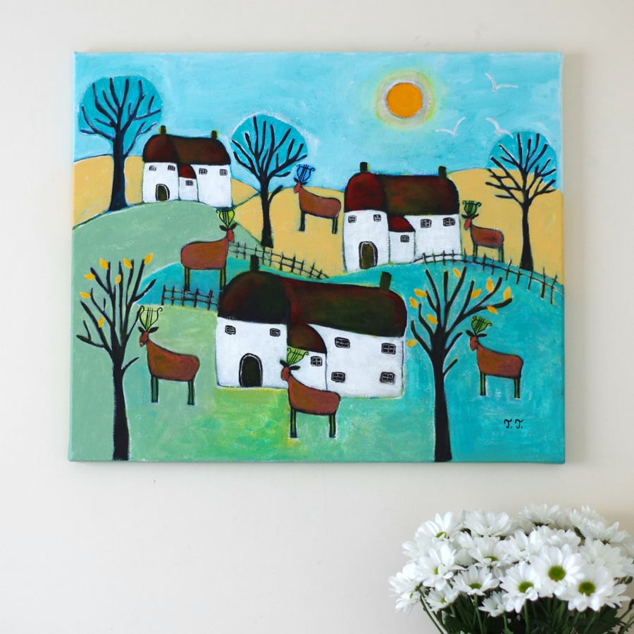 Naive Landscape Painting with Devon Cottages and Deer, Music Artwork 
