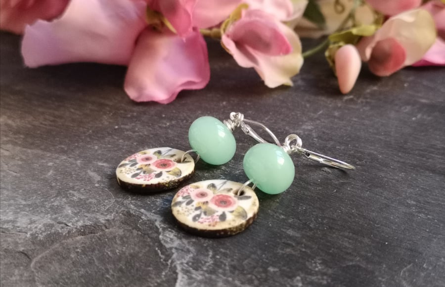 Ceramic floral charm and glass bead sterling silver earrings, pink and green