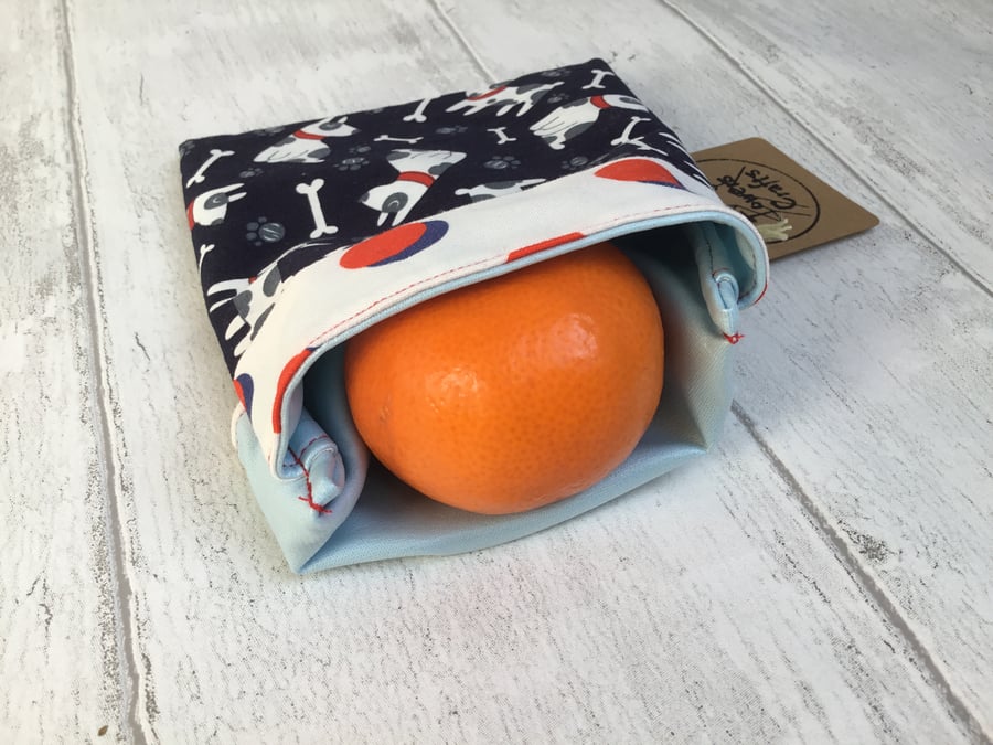 Large snack bag in cartoon dogs design. Reusable and eco-friendly