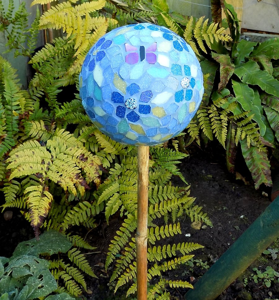 Blue Butterfly and Flowers Mosaic Garden Ball Decoration Ornament