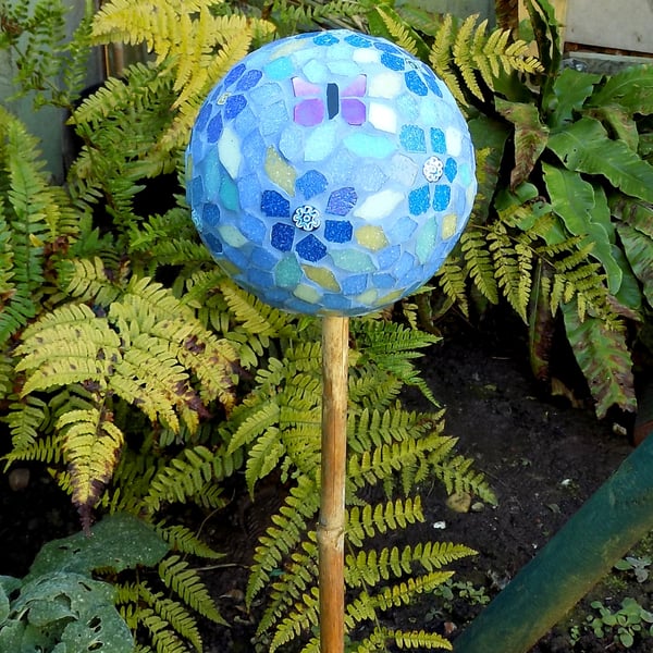 Blue Butterfly and Flowers Mosaic Garden Ball Decoration Ornament