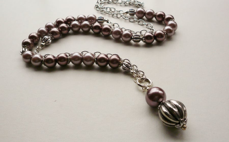 Chocolate Brown Shades Glass Pearl Long Bib and Pendant Necklace  KCJ574