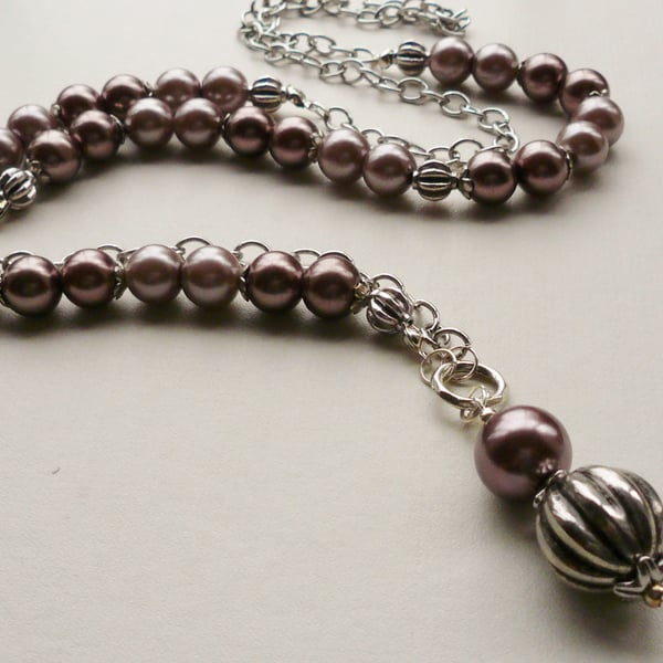 Chocolate Brown Shades Glass Pearl Long Bib and Pendant Necklace  KCJ574