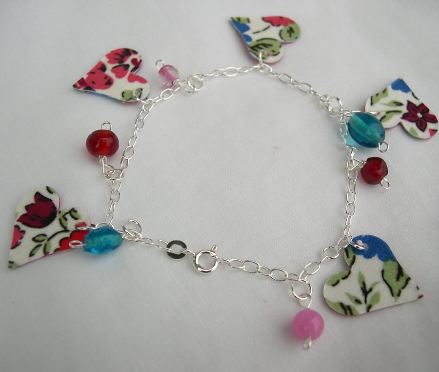 Sterling Silver Hardened Fabric Floral Ditsy Charm Bracelet with Glass Beads