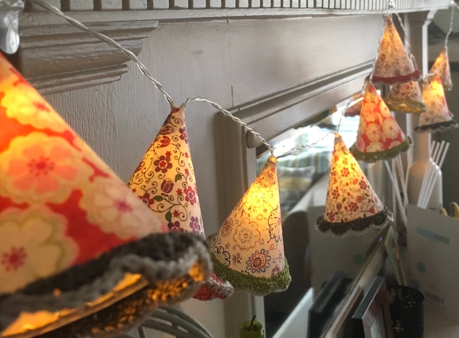 LED Lampshade Fairy lights in Liberty fabrics, crochet trim. FREE UK P&P