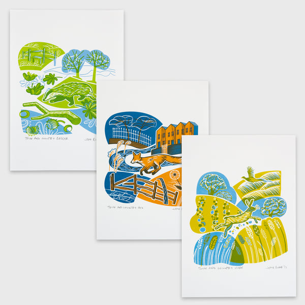 Set of all three "Town and Country" hand pulled screen prints