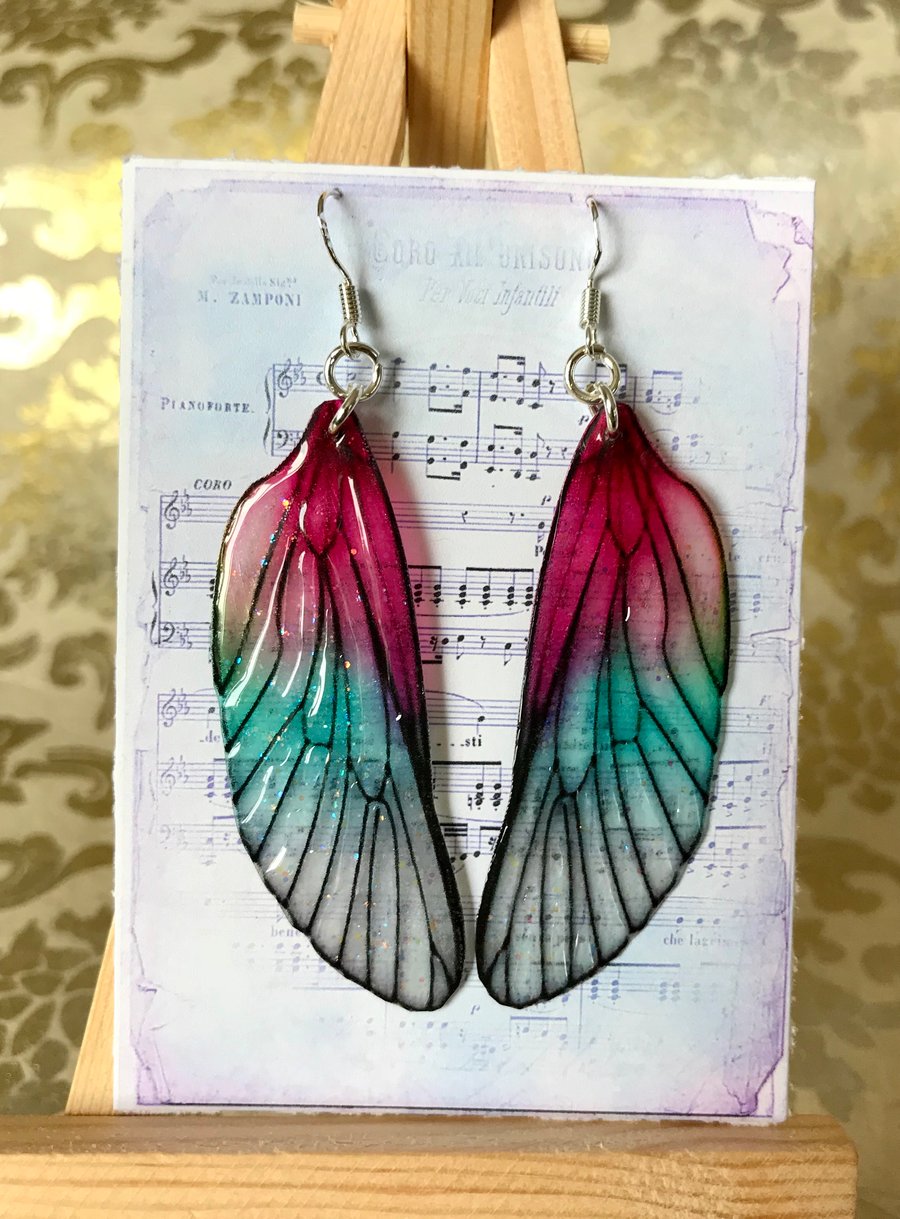 RESERVED K OAKLEY Dark Pink Shimmering Fairy Wing Sterling Silver Earrings