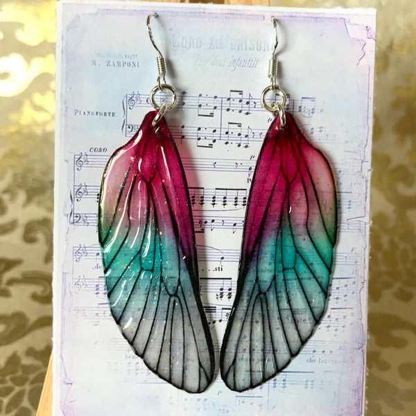 RESERVED K OAKLEY Dark Pink Shimmering Fairy Wing Sterling Silver Earrings