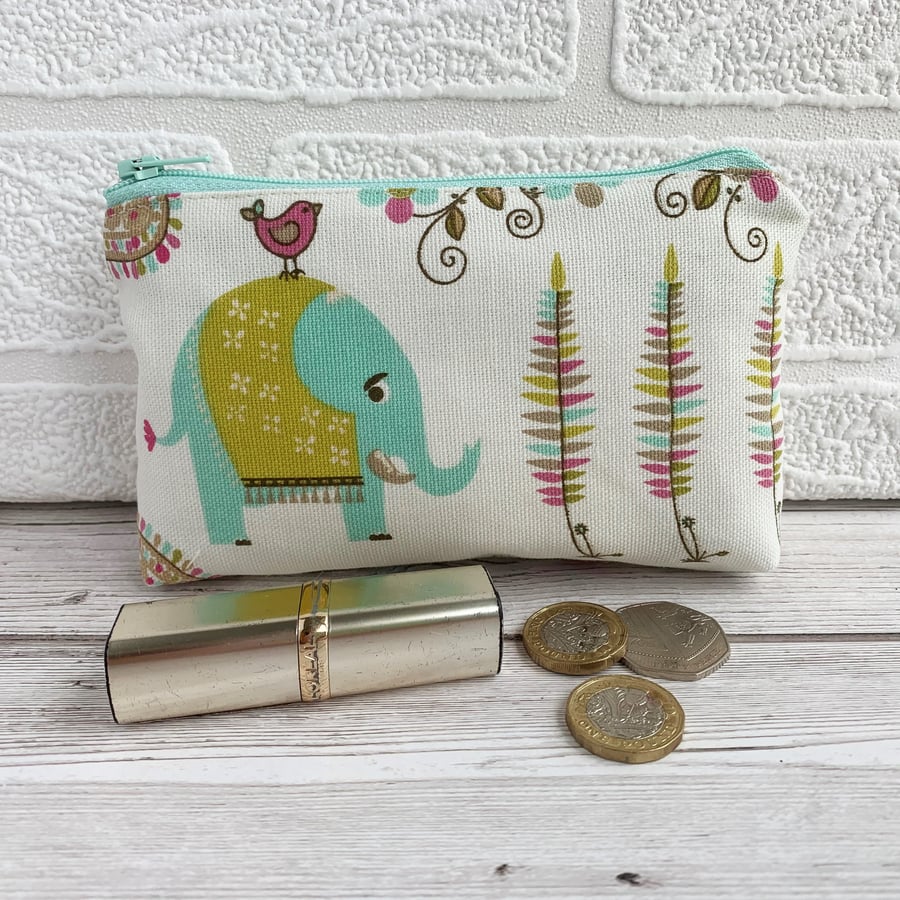 Large purse, coin purse with turquoise elephant and pink bird