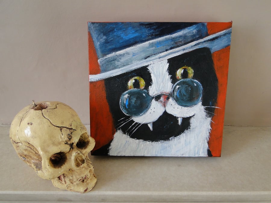 Dracula Cat Art Original Art Acrylic Painting on Canvas OOAK Vampire