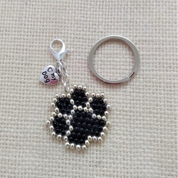Black and Silver Dog Paw Beaded Charm Keyring