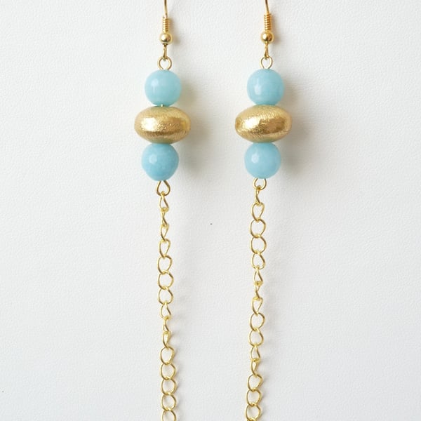 Blue Quartzite Chain Dangle Earrings - Genuine Gemstone - Handmade 