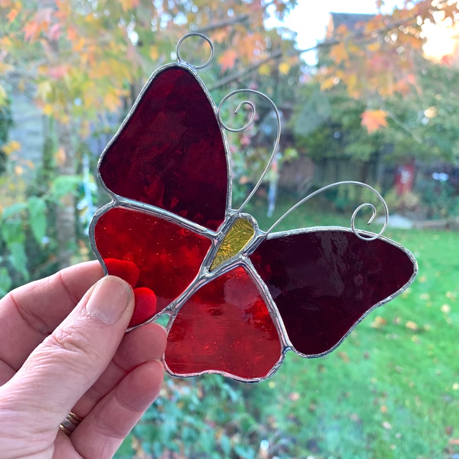 Stained Glass Butterfly Suncatcher - Handmade Decoration - Red 