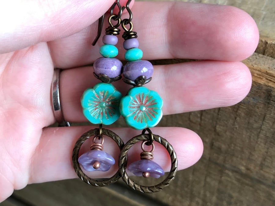 Turquoise & Purple Czech Glass Flower Earrings. Bohemian Style Stacked Earrings