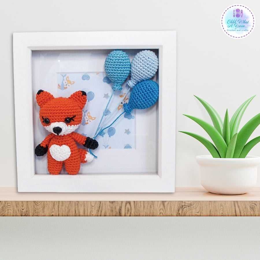 Fox 3D crochet box frame. Wall Art, Nursery decor.