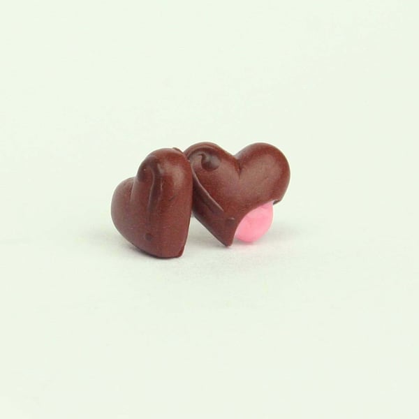 Cute Soft Centred Chocolate Heart stud earrings, Dark