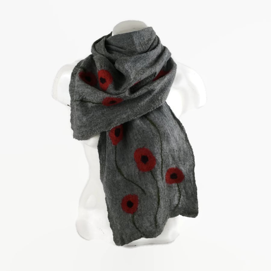 Merino wool scarf, nuno felted long grey poppy scarf