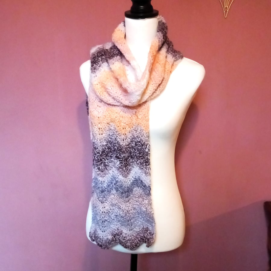 Discover the Elegance of Autumn: Striped Scarf in Peach, Cream, Brown, and Grey 